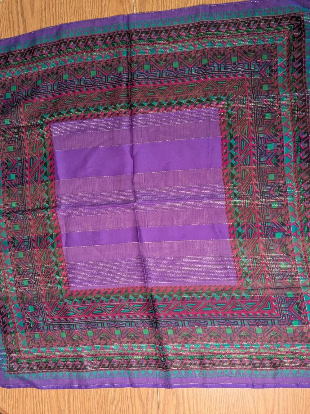 vintage 80s hair neck scarf purple green geometric Axcess Italy 30" Square